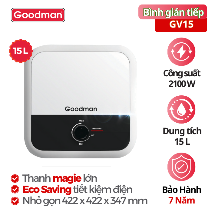 Bình tắm nước nóng Goodman GV15, 15 lít, 2100 W