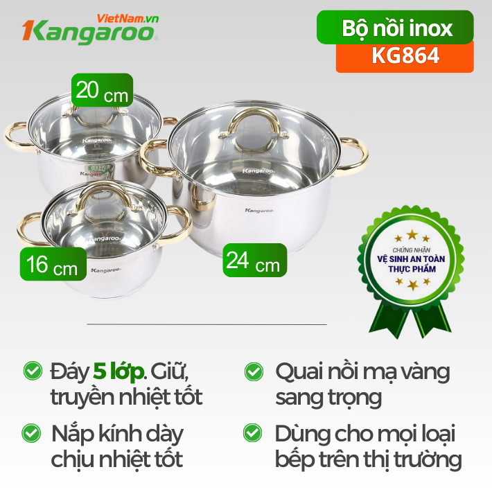 Bộ 3 nồi Inox Kangaroo KG864, 16cm, 20cm, 24cm