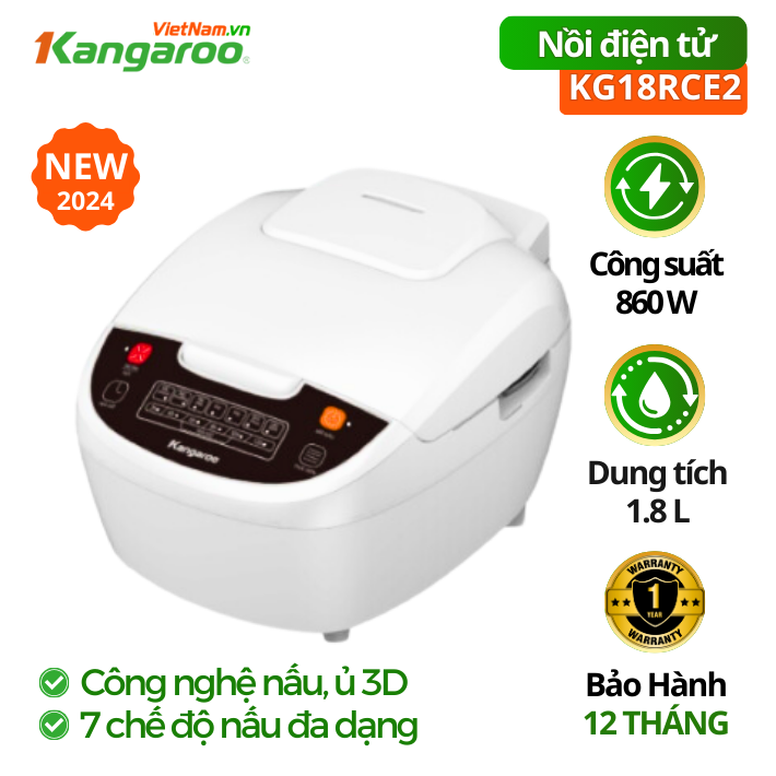 Nồi cơm điện tử Kangaroo KG18RCE2, 860w, 1.8 lít