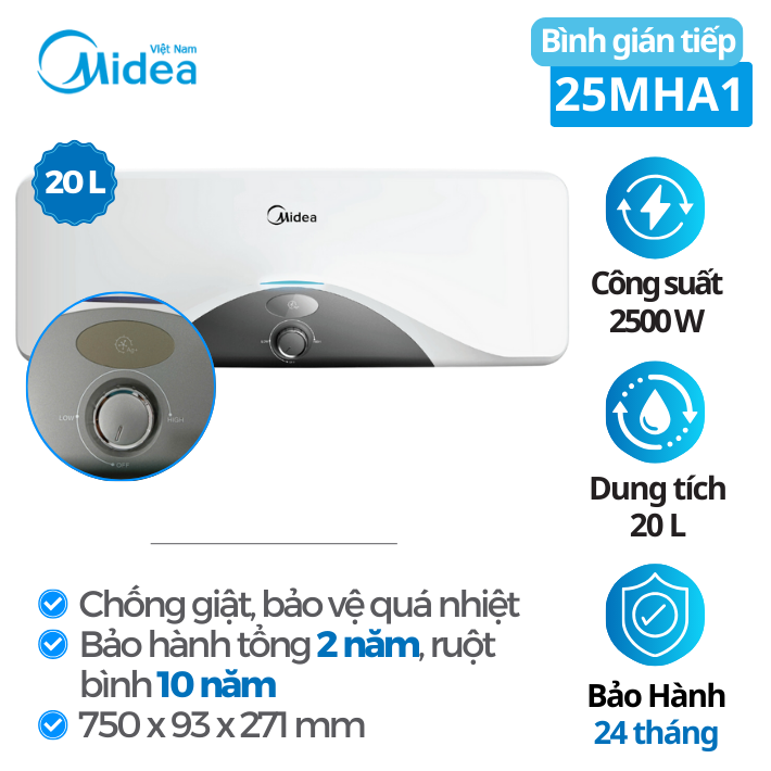 Bình tắm nước nóng Midea MWH20-25MHA1, 20L, 2500W, BH 2 năm