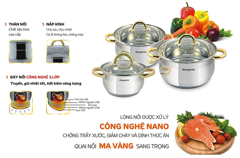 Bộ 3 nồi Inox cao cấp 5 lớp KG886