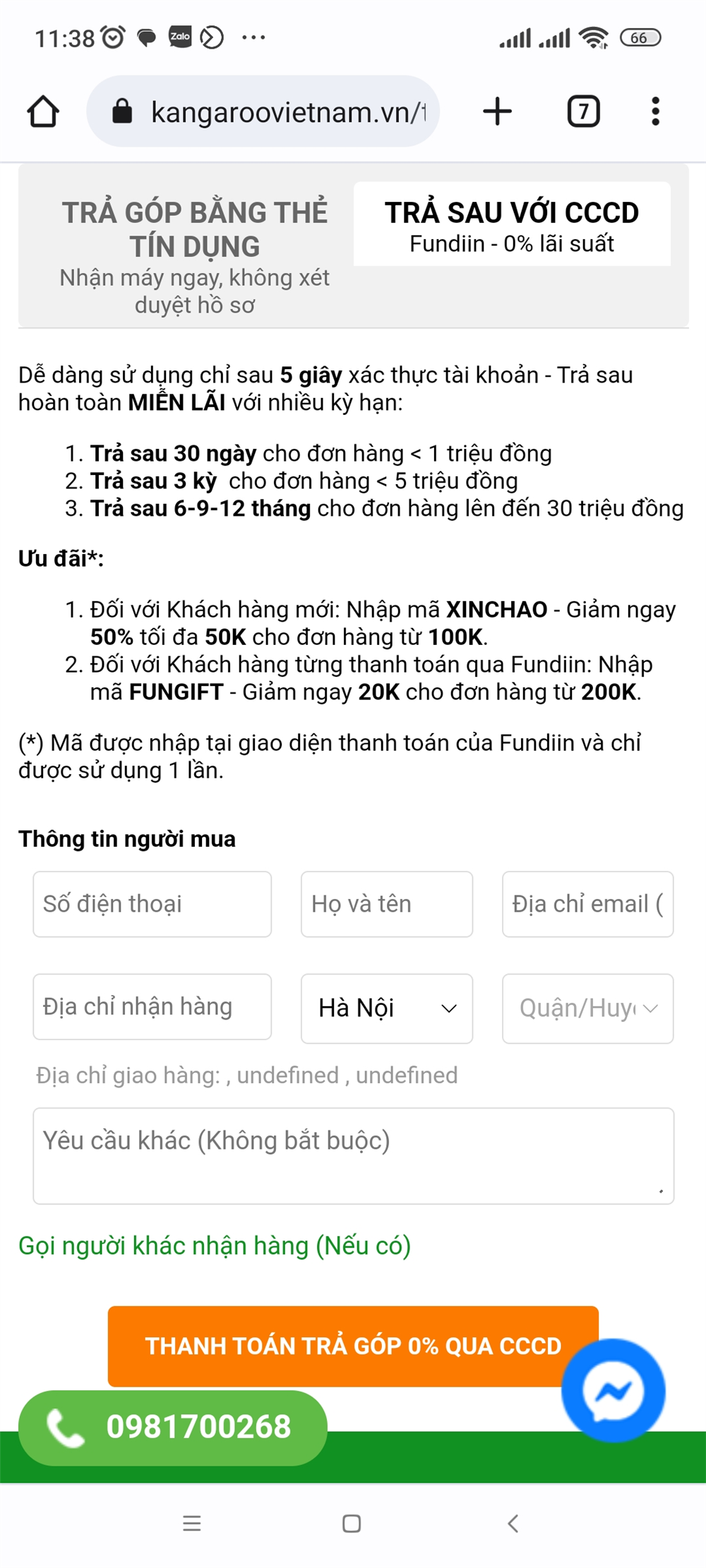 điền thông tin nhận hàng