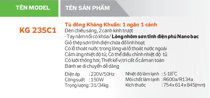 Tủ đông kháng khuẩn KG235C1