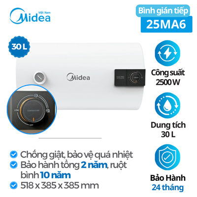 Bình tắm nước nóng Midea MWH30-25MA6, 30 Lít, 2500 W