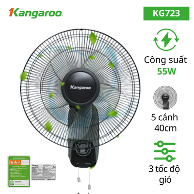 Quạt treo tường Kangaroo KG723, 55W, 5 cánh 40cm, dây kéo