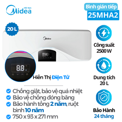 Bình tắm nước nóng Midea MWH20-25EHA2, 20 Lít, 2500 W, điện tử